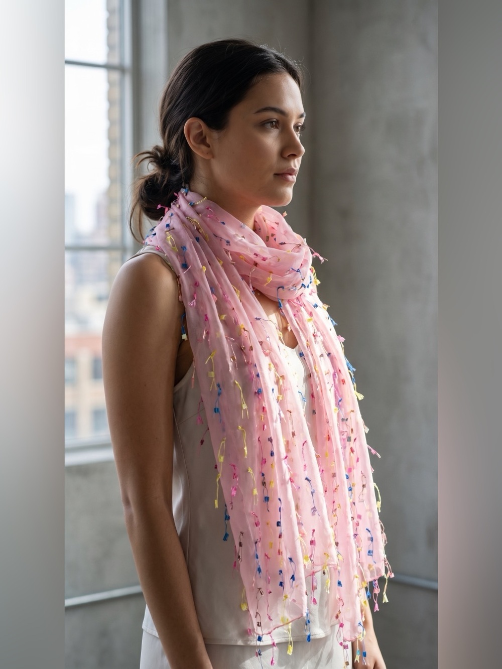 100% SILK Scarf, Baby Pink with Colorful Tassels